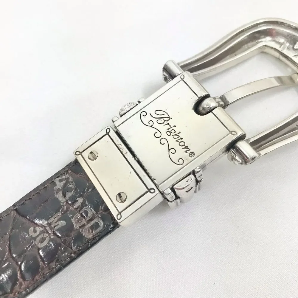 Brighton Black Brown Reptile Embossed Silver Scroll Hardware Reversible Belt